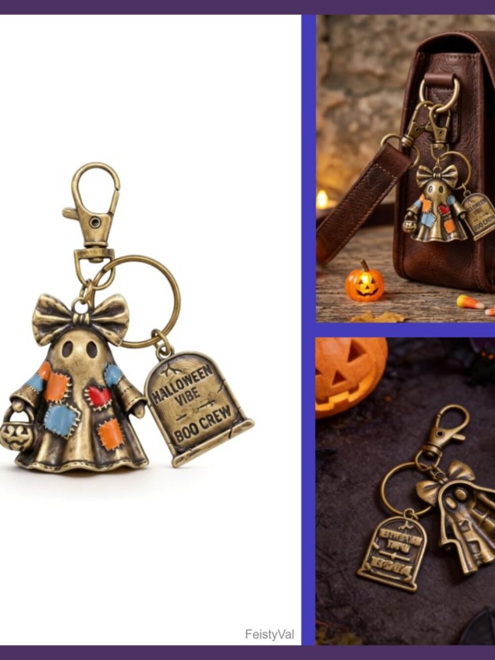 3D Patchwork Ghost Keychain Metal Purse Bag Charm Halloween Gift for Women